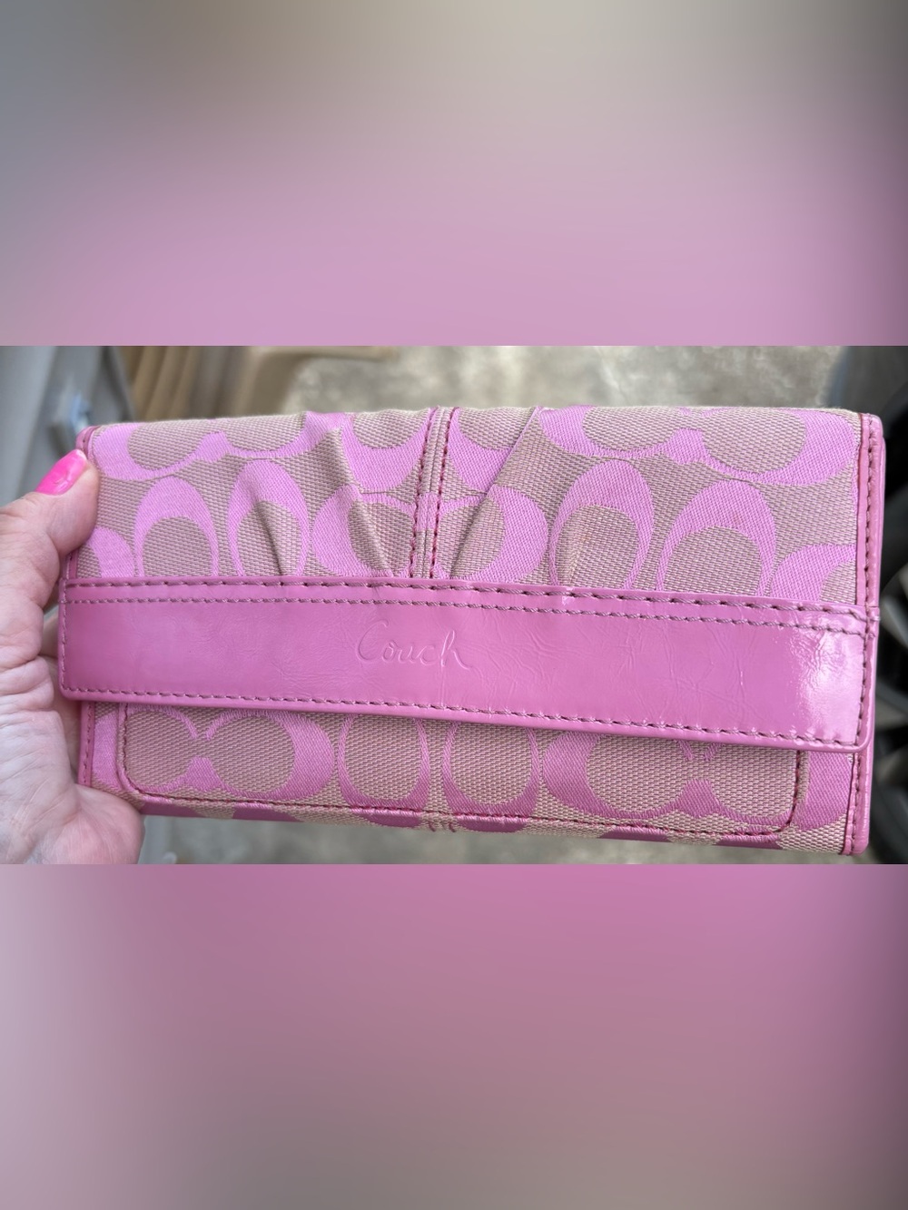 Coach Signature Canvas Wallet in Pink and Tan